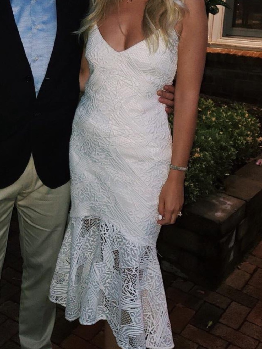 Laundry white eyelet midi mermaid wedding party dress